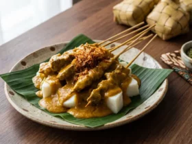 Seporsi Sate Padang yang disajikan dengan potongan ketupat, disiram kuah kental berwarna kuning kecokelatan, dan ditaburi bawang goreng di atas piring beralaskan daun pisang.