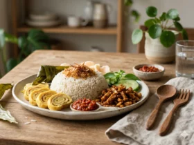 Sepiring nasi uduk rice cooker wangi dengan lauk pauk sederhana tertata di atas meja makan.