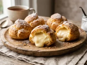 Kue sus vla vanilla lumer dengan kulit kopong sempurna disajikan di piring kayu