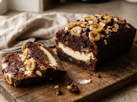 choco cheese banana cake dengan lapisan cream cheese di tengah
