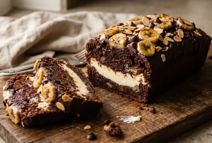 choco cheese banana cake dengan lapisan cream cheese di tengah